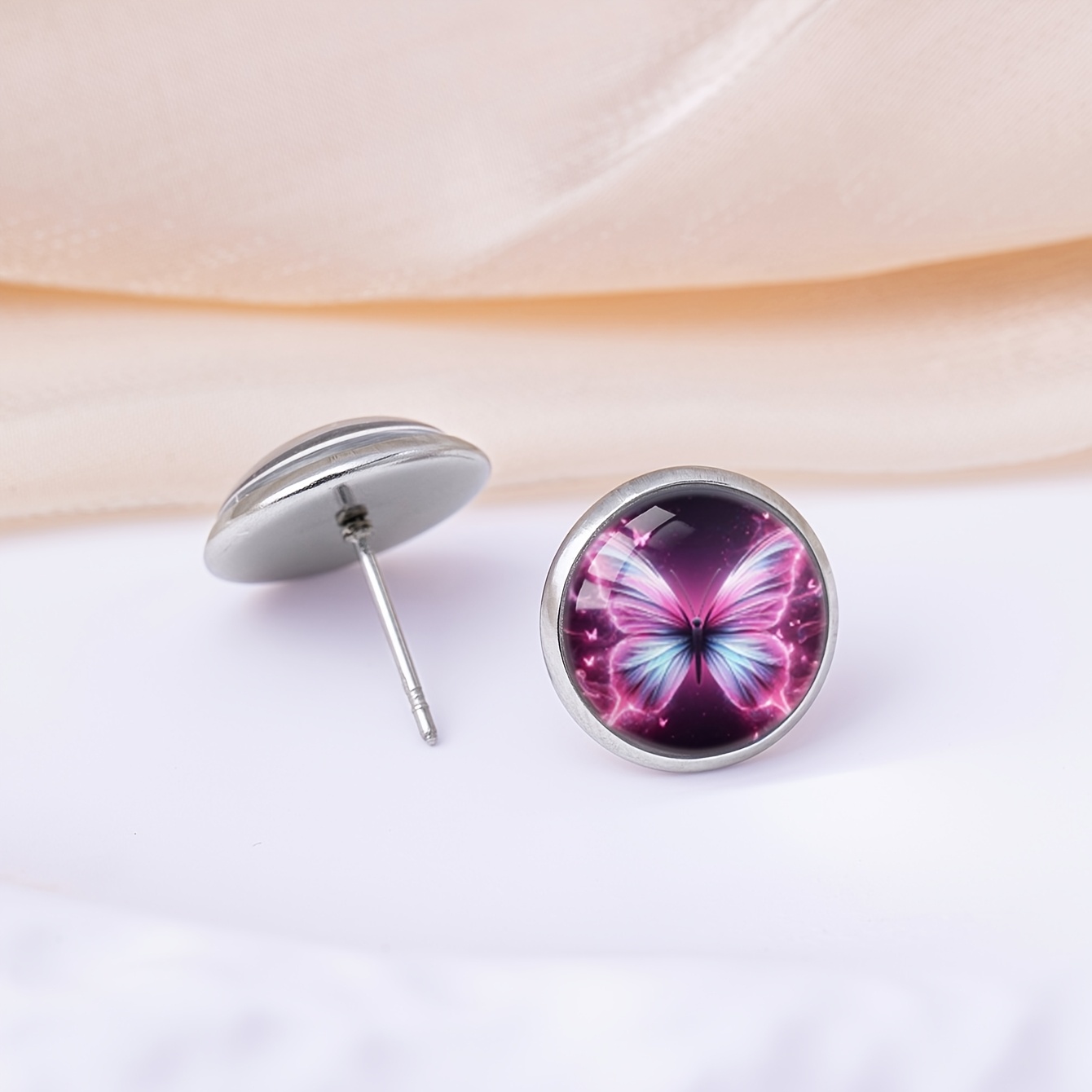 Pink-Purple Luminous Butterfly Pattern Round Stud Earrings